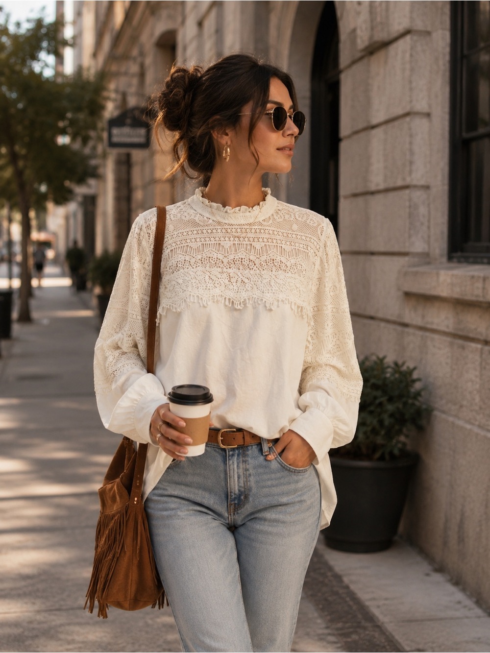 ASOS Women's Cream Crochet Lace Yoke Long Sleeve Blouse 12 NEW
